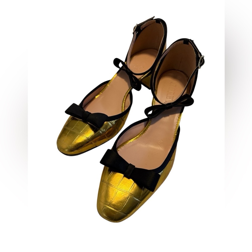 Millie Bow Ankle-Strap Heels in Metallic Croc-Embossed Leather in Gold Size 8.5 - Picture 13 of 13